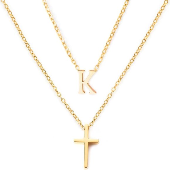 Layered Initial and Cross Necklaces for Women Dainty Christian Jewelry Personali - Picture 1 of 6